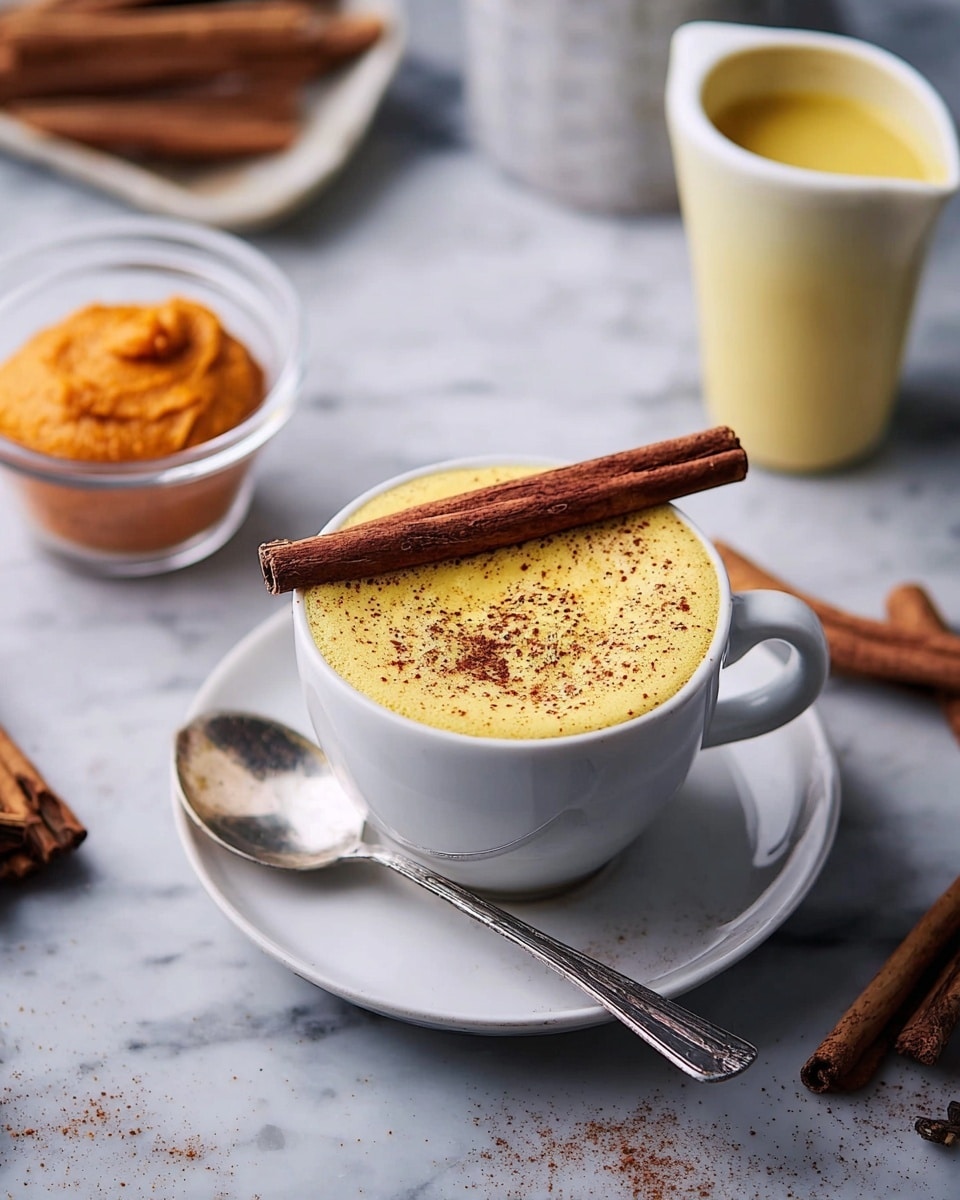 A white ceramic cup filled with a creamy yellow drink topped unevenly with brown spice powder, with a long cinnamon stick placed across the rim. The cup is on a matching white saucer, with a silver spoon resting beside it. To the left, there is a glass bowl filled with smooth orange paste. A small white jug containing more yellow liquid sits on the right side. The surface beneath is a white marbled texture with some cinnamon sticks and other blurred background items visible. Photo taken with an iphone --ar 4:5 --v 7