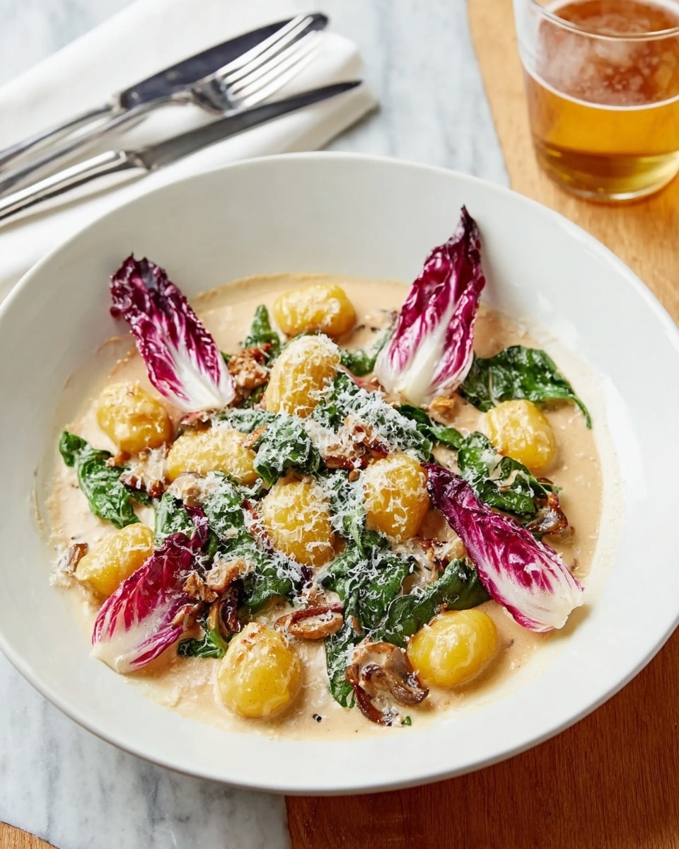 The dish is presented on a white round plate placed on a white marbled surface. It has a creamy light beige sauce spread thinly over the base of the plate. On top of the sauce are about eight round golden yellow gnocchi pieces, arranged loosely in a circle. Between and around the gnocchi are small patches of wilted dark green spinach. On top of everything are several long, curved deep red and white radicchio leaves, placed evenly around the gnocchi. There are also small shards of light brown crispy garnish scattered around the plate. A fine layer of grated white cheese dusts the whole dish lightly. In the background, a glass of amber-colored drink and folded white napkin with silver forks are visible. Photo taken with an iphone --ar 4:5 --v 7