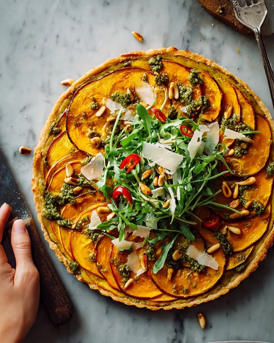 A round tart sits on a dark surface, with a golden-brown crust forming the outermost layer. Inside the crust, thin, soft slices of bright orange squash are neatly arranged in a circular pattern, overlapping like petals. Green dollops of pesto sauce with a coarse texture are spread across the squash slices. A small bunch of fresh, leafy arugula with a vibrant green color is placed in the center, topped with a few thin slices of red chili pepper and small white pine nuts scattered around. Shaved pieces of pale cheese are sprinkled over the arugula and squash, adding a slightly rough texture. Photo taken with an iphone --ar 4:5 --v 7