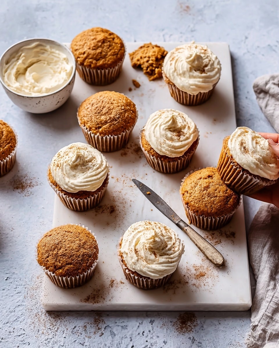 The image shows nine golden-brown cupcakes arranged on a white wooden tray placed on a white marbled surface. Five of the cupcakes are topped with a thick, creamy white frosting sprinkled lightly with brown spice powder. The other four cupcakes have no frosting, showing a textured and slightly cracked golden top. A small metallic bowl filled with thick creamy frosting is on the tray's top center, with a white woman’s hand holding a knife near a frosted cupcake in the background. Light dustings of brown spice powder are scattered lightly on the tray surface around the cupcakes, creating a warm, cozy feel. Photo taken with an iphone --ar 4:5 --v 7