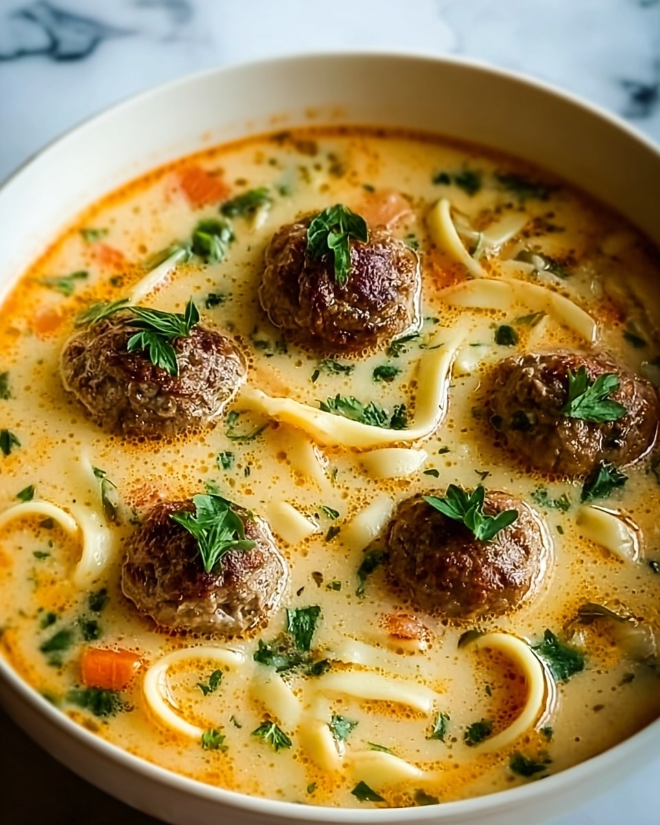 A bowl filled with creamy soup that has four browned meatballs floating on the surface, with bright orange carrot chunks and curly wide noodles scattered around. The soup looks thick with a light orange color and small bubbles and herbs mixed in. Green parsley leaves are sprinkled on top of the meatballs, carrots, and noodles, adding a fresh touch. The bowl is white, and the photo is taken on a white marbled surface. photo taken with an iphone --ar 4:5 --v 7