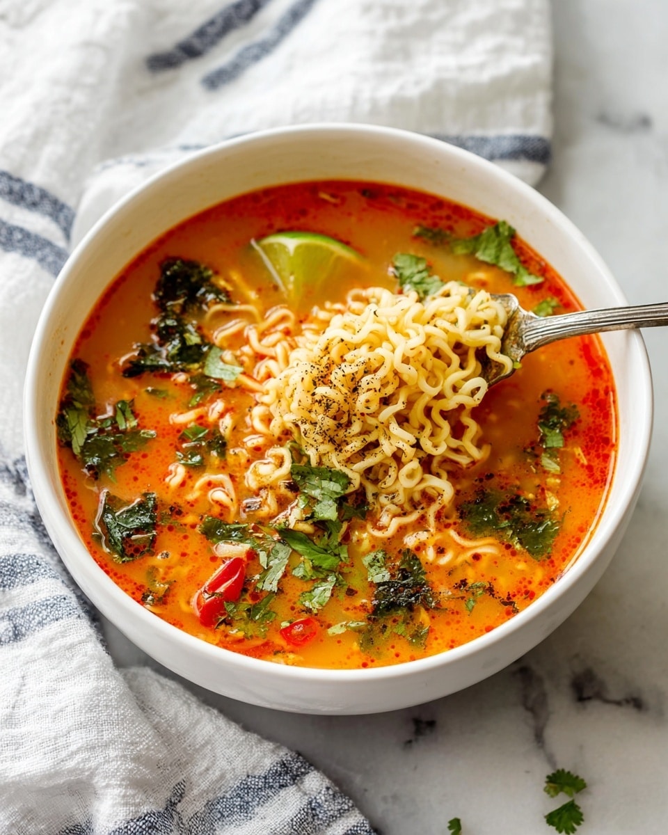 A white bowl filled with three layers: the bottom layer is a smooth orange-red creamy soup, the middle layer consists of wavy cooked noodles gathered in the center, and the top layer features scattered green cilantro leaves placed over the noodles and soup edges. The bowl sits on a white marbled surface with a white cloth with black stripes beside it and a small piece of lime nearby. photo taken with an iphone --ar 4:5 --v 7