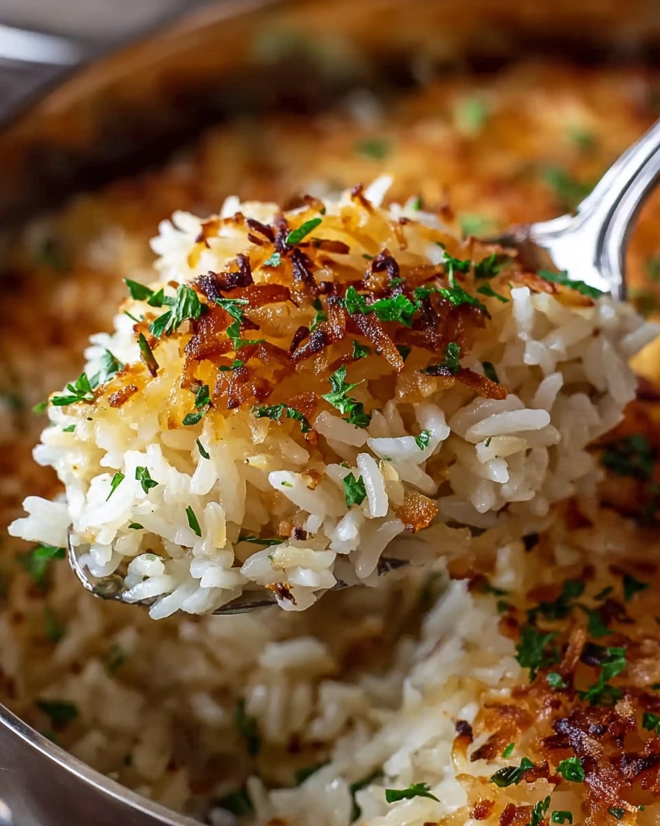 The image shows a close-up of a scoop of cooked rice lifted by a metal spoon. The rice is golden on top with crispy browned edges and sprinkled with finely chopped green herbs. The grains of rice are soft but with a slightly crunchy top layer. The rice is in a white pot filled with more rice underneath, all on a white marbled surface. photo taken with an iphone --ar 4:5 --v 7