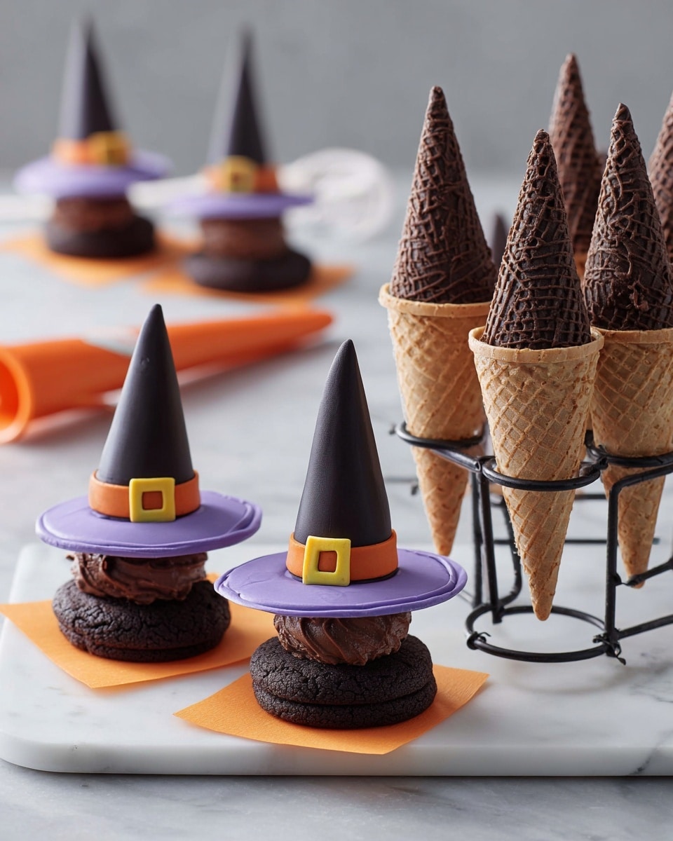 The image shows three chocolate witch hats made from three layers: a dark chocolate cookie base sitting on a square orange paper, a dark chocolate dipped waffle cone as the hat top, and colorful icing bands (two purple and one orange) with small yellow icing buckles wrapped around the base of each cone. To the right, six small waffle cones filled with chocolate cupcakes or muffins are held upright in a black metal cone holder. In the background, there are extra dark chocolate cookies, waffle cones, and an orange piping bag on a white marbled surface. Photo taken with an iphone --ar 4:5 --v 7