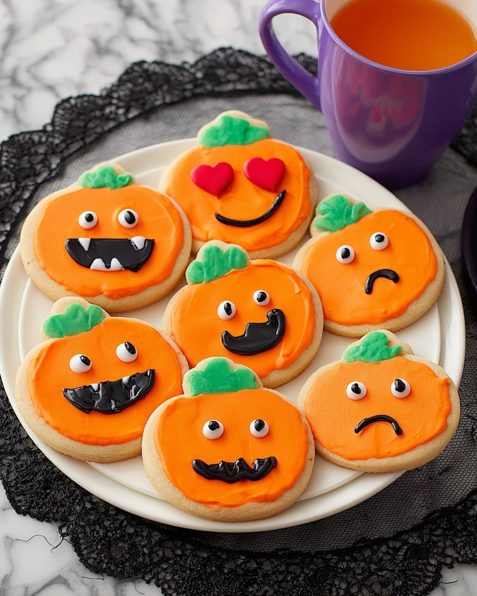 Seven pumpkin-shaped cookies sit on a green plate with a white marbled background. Each cookie has a smooth, bright orange icing layer covering the top, with a small green icing stem at the top center. Different facial expressions are decorated on each cookie using black, white, and red icing: one has black eyes and a wide white-toothed grin outlined in black, two have red heart-shaped eyes and big black smiles, one shows a sad black mouth with small black dots for eyes, another has large white eyes with black pupils and a small straight black mouth, and the last cookie has small black eyes with angled black eyebrows and a frowning mouth. Photo taken with an iphone --ar 4:5 --v 7