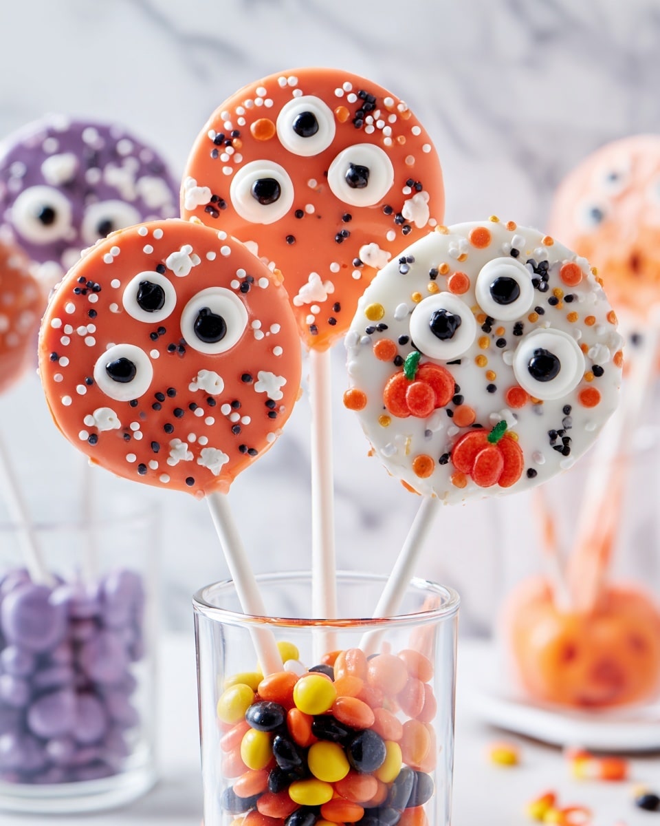 There are five round cake pops with two main background colors: orange and white. Each cake pop has one main smooth layer of orange or white icing covering the entire circle. On top, each pop has many details: large white circles with smaller black circles inside to look like eyes; small white shapes that look like bones and skulls; dark blue small round candies; and black or orange sprinkles spread around the surface. The cake pops are placed vertically on white sticks that are inside clear glass containers filled with round candy balls in bright orange, yellow, and purple colors. The background is softly blurred with white marbled texture visible underneath. Photo taken with an iphone --ar 4:5 --v 7
