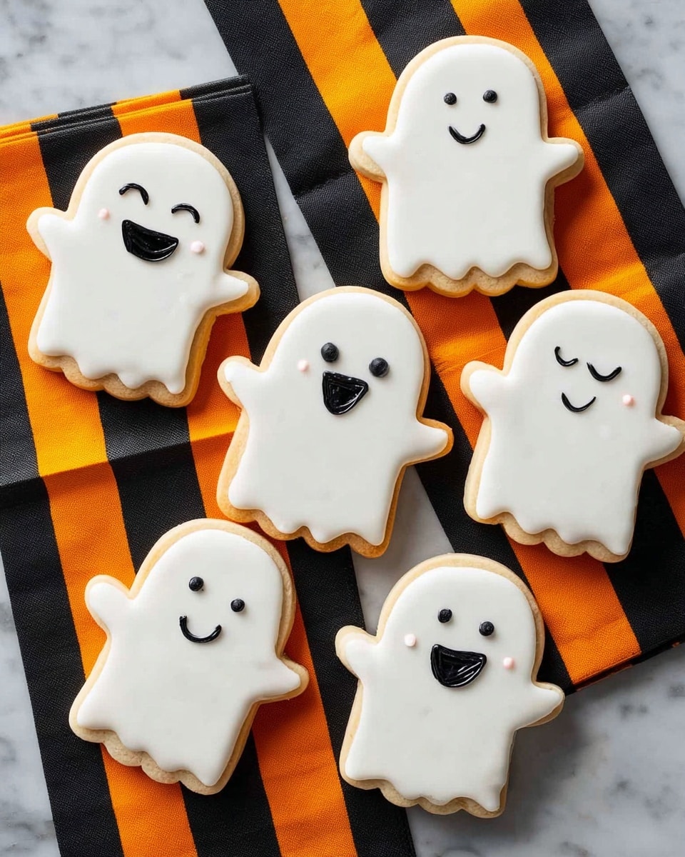 There are six ghost-shaped cookies with smooth white icing covering the top layer, shaped like a rounded head with a wavy base. Each cookie has two black icing eyes; one eye is a small dot and the other is a small curved line giving a winking expression. Below the eyes, there is a wide smiling mouth made of black icing with visible texture lines. The cookies are arranged on black and orange striped napkins, placed over a white marbled background. photo taken with an iphone --ar 4:5 --v 7