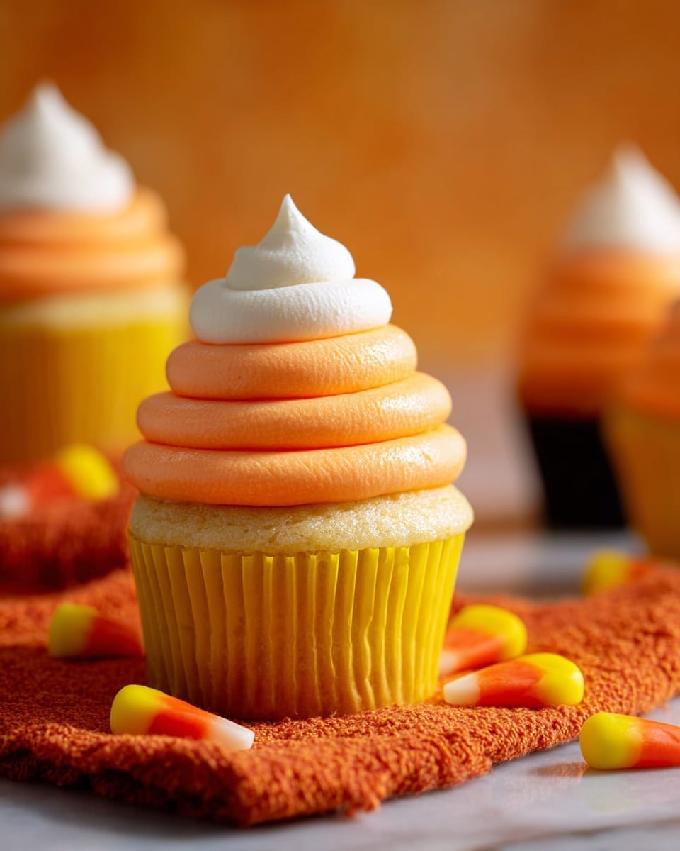 The image shows a cupcake with three layers of frosting on top. The bottom layer is light brown cake wrapped in a yellow paper liner. On top of it, there are two thick, smooth swirls of bright orange frosting stacked closely. Sitting on the orange frosting is a white frosting swirl that is smaller but taller, forming a peak in the center. The cupcake rests on an orange textured cloth with some candy corn pieces scattered around it. The background is softly blurred with warm orange tones, and the surface has a white marbled texture. photo taken with an iphone --ar 4:5 --v 7