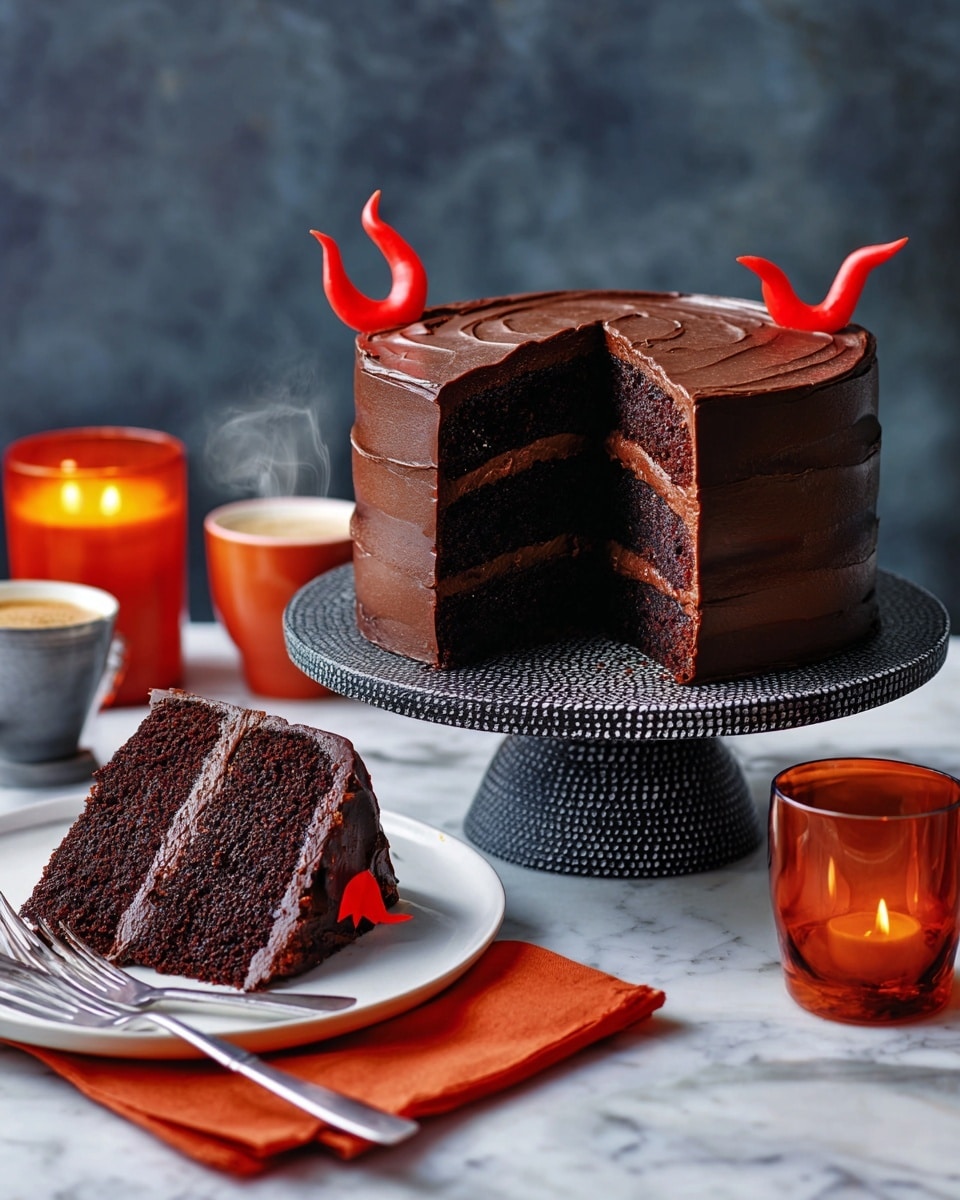 A four-layer dark chocolate cake sits on a white cake stand with a dark base, each layer separated by a thick, smooth layer of chocolate frosting. The cake is covered evenly in glossy dark chocolate frosting and decorated with bright red fondant shaped into two curved devil horns on top and a pointed tail curling around the side. A slice is removed from the cake, showing the moist texture inside. To the left, a white plate holds the slice on an orange cloth, with a fork resting on the plate. In the background are two steaming mugs and a lit orange candle, all set against a white marbled textured surface. Photo taken with an iphone --ar 4:5 --v 7
