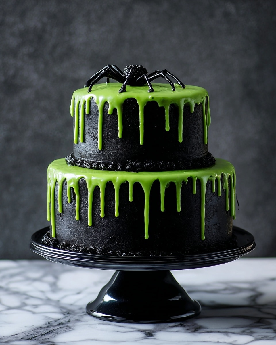This is a two-layer cake with a smooth black frosting covering both layers. The bottom layer is larger with the smaller top layer stacked above it. Bright green icing drips down both layers from the top edges, creating a thick, dripping effect. On the very top, there is a small black spider decoration placed near the edge. The cake is on a white marble surface and sits on a black round cake stand. photo taken with an iphone --ar 4:5 --v 7