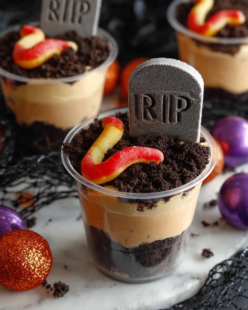 The dessert is served in a clear cup with four visible layers: at the bottom is a dark, crumbly chocolate base, followed by a light brown creamy layer, topped with another layer of the dark chocolate crumbs. On top, there is a crushed chocolate cookie texture. A small cookie shaped like a tombstone with