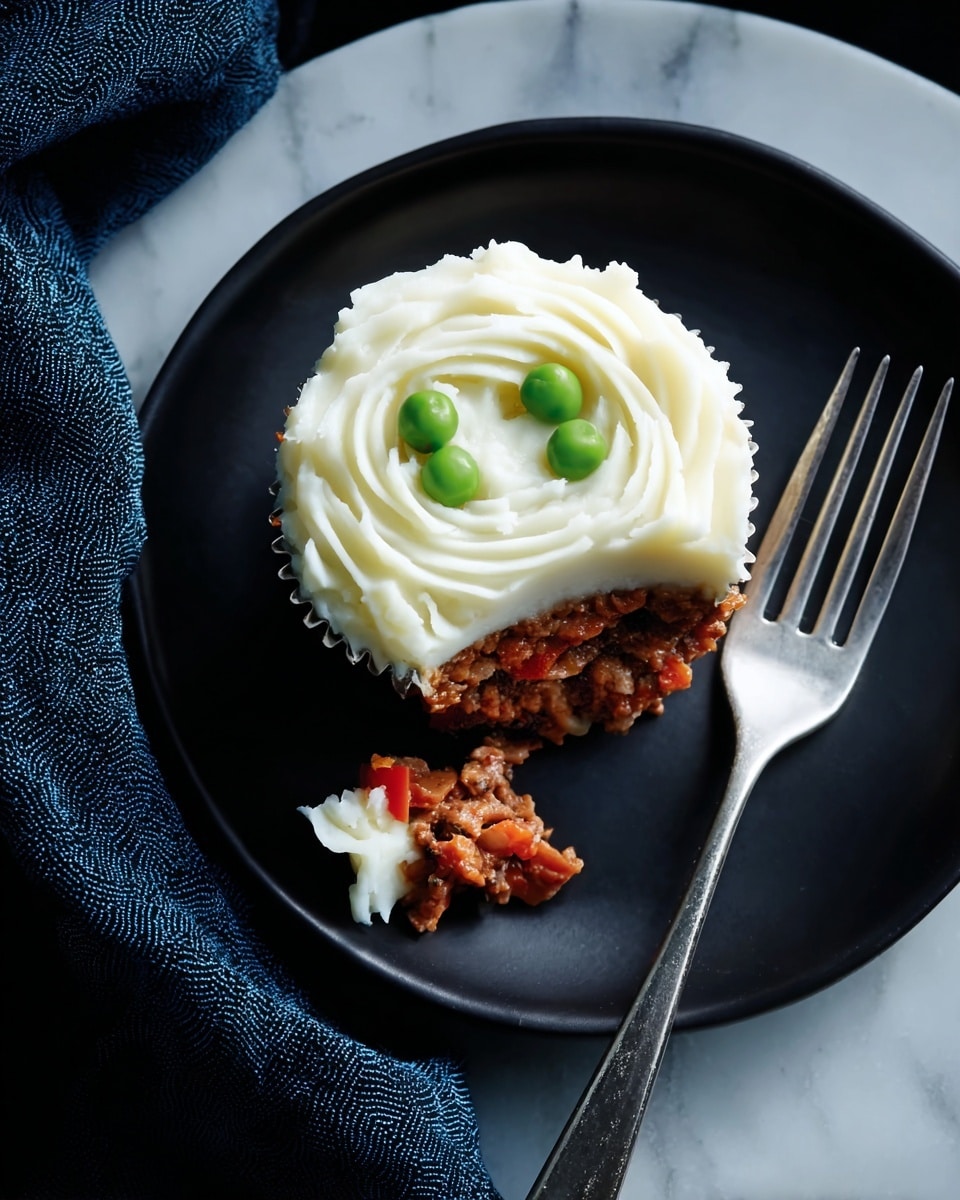A round silver foil cup holds a layered dish on a black plate set on a white marbled surface with a dark blue cloth nearby. The dish has two layers: the bottom layer is a mix of cooked ground meat and small pieces of red tomato with a crumbly texture, and the top layer is a smooth, creamy white mash arranged in wavy ridges. Two bright green peas sit on top of the white mash, resembling eyes. A silver fork with a black handle rests on the plate next to the foil cup with a small bit of meat on the fork's prongs. Photo taken with an iphone --ar 4:5 --v 7