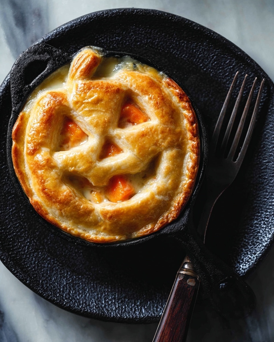 A small round pie shaped like a pumpkin with a golden brown crust forms the top layer, featuring cut-outs in triangle and jagged shapes for eyes, nose, and mouth, revealing the orange filling beneath made of chunks of cooked vegetables or fruit. The pie sits inside a black cast iron pan with a short handle at the top, placed on a black textured plate. To the side of the plate, a fork with a wooden texture handle is visible. The background is a white marbled texture with delicate, transparent skeleton leaves scattered around. Photo taken with an iphone --ar 4:5 --v 7