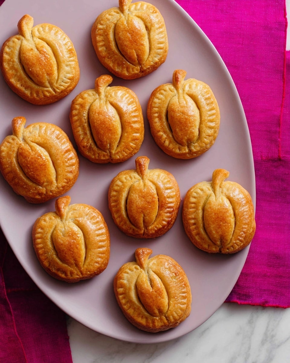 The image shows eight small pumpkin-shaped pies arranged on a white plate with a smooth surface. Each pie has two layers of golden brown crust with a darker filling sandwiched in the middle. The top crust is shaped like a pumpkin with a small stem, and features two thin slits on the surface and curved lines that create the pumpkin sections. The edges of each pie have a crimped texture. The plate is set on a white marbled textured surface covered partially by a vibrant purple fabric and a pink cloth napkin near the bottom right corner. Photo taken with an iphone --ar 4:5 --v 7