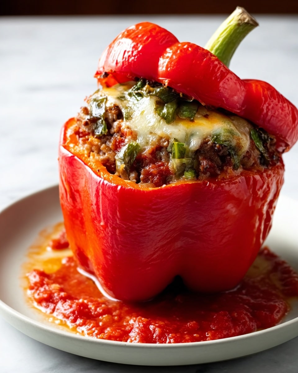 A large red bell pepper stands upright on a white plate, filled with a mixture of cooked ground meat, melted cheese, and small pieces of green vegetables. The pepper's top, with its stem attached, leans slightly against it like a lid. Around the base of the pepper, there is a pool of red tomato sauce spread loosely on the white plate. The wooden surface behind the plate is replaced with a white marbled texture. photo taken with an iphone --ar 4:5 --v 7