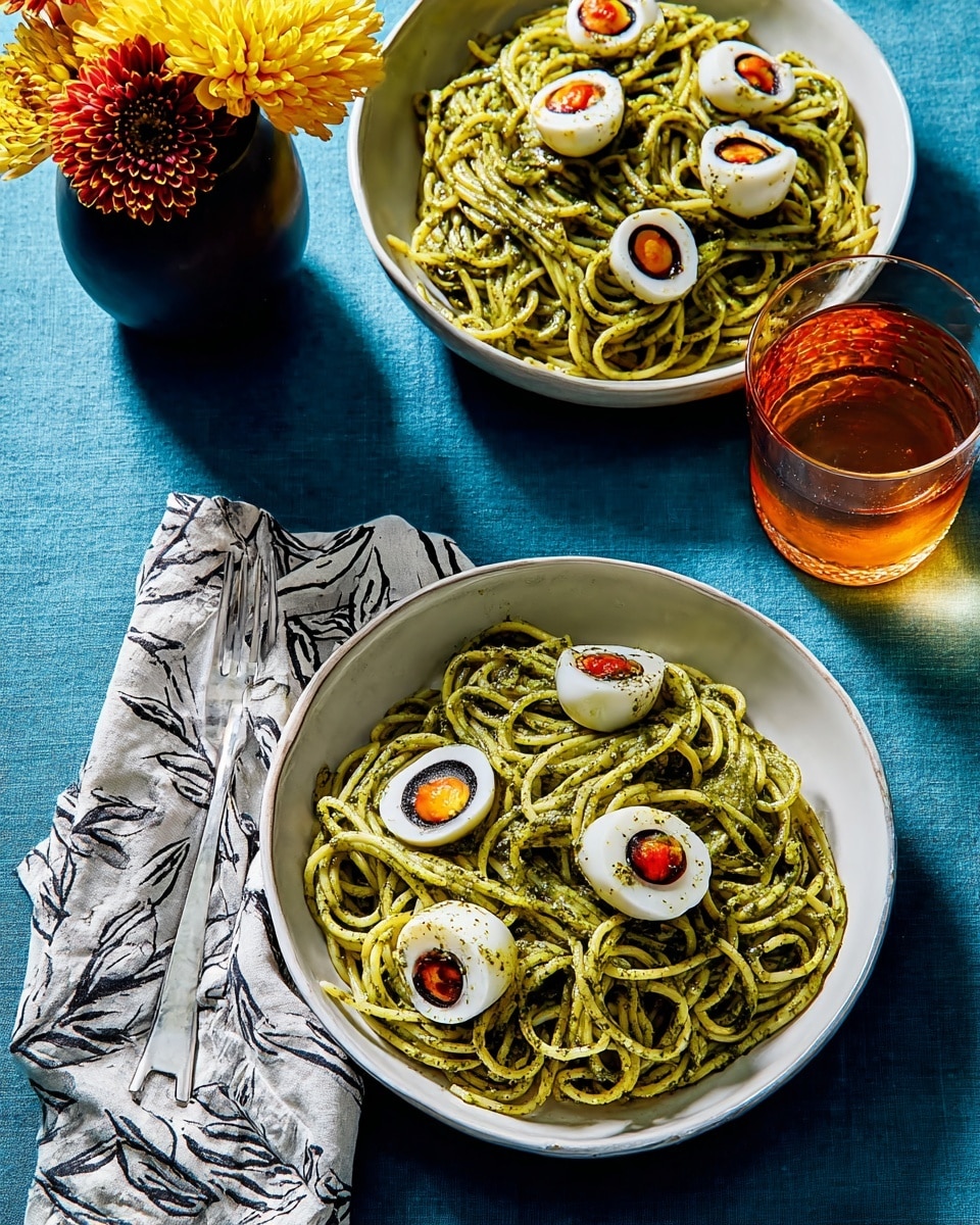 Two white bowls filled with three layers of food each, placed on a blue fabric surface. The bottom layer in each bowl is shiny, spaghetti-like noodles with a bright green pesto sauce coating. On top of the noodles, there are white round shapes resembling eggs, each topped with a black circular slice and a red center, mimicking the look of eyeballs. Next to each bowl is a fork resting on a gray and black tie-dye cloth napkin. A yellow flower with some dark red foliage in a glass vase is placed above the bowls, and a clear glass with a bubbly, amber-colored drink sits on the left side. The photo taken with an iphone --ar 4:5 --v 7