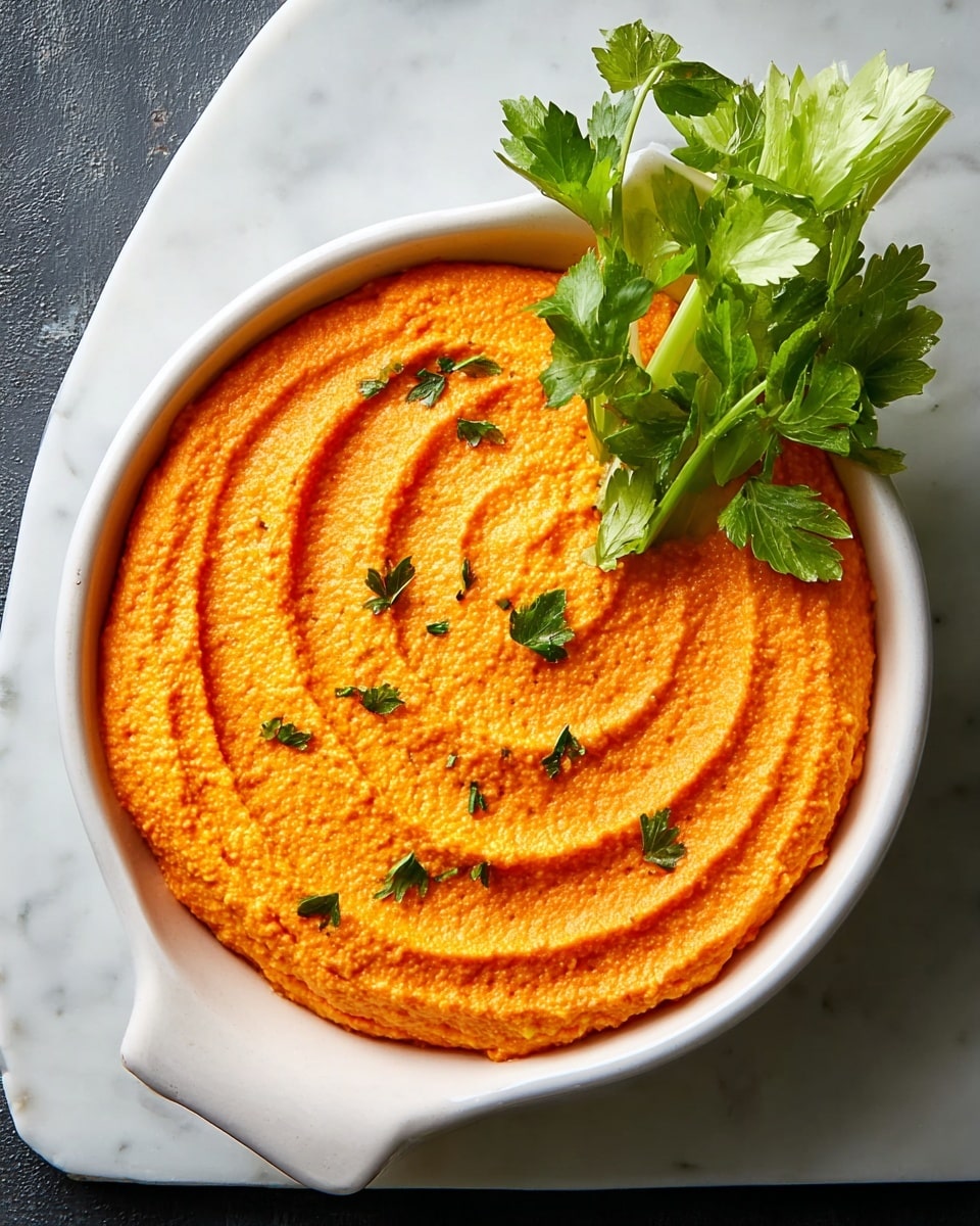 A white oval dish filled with smooth, creamy hummus that is light orange in color with tiny red specks. The hummus surface has five curved lines gently pressed into it, giving texture and depth. On the top edge of the hummus, there is a short, green celery stalk with several fresh green celery leaves attached, adding a bright contrast. The dish sits on a white marbled surface. Photo taken with an iphone --ar 4:5 --v 7