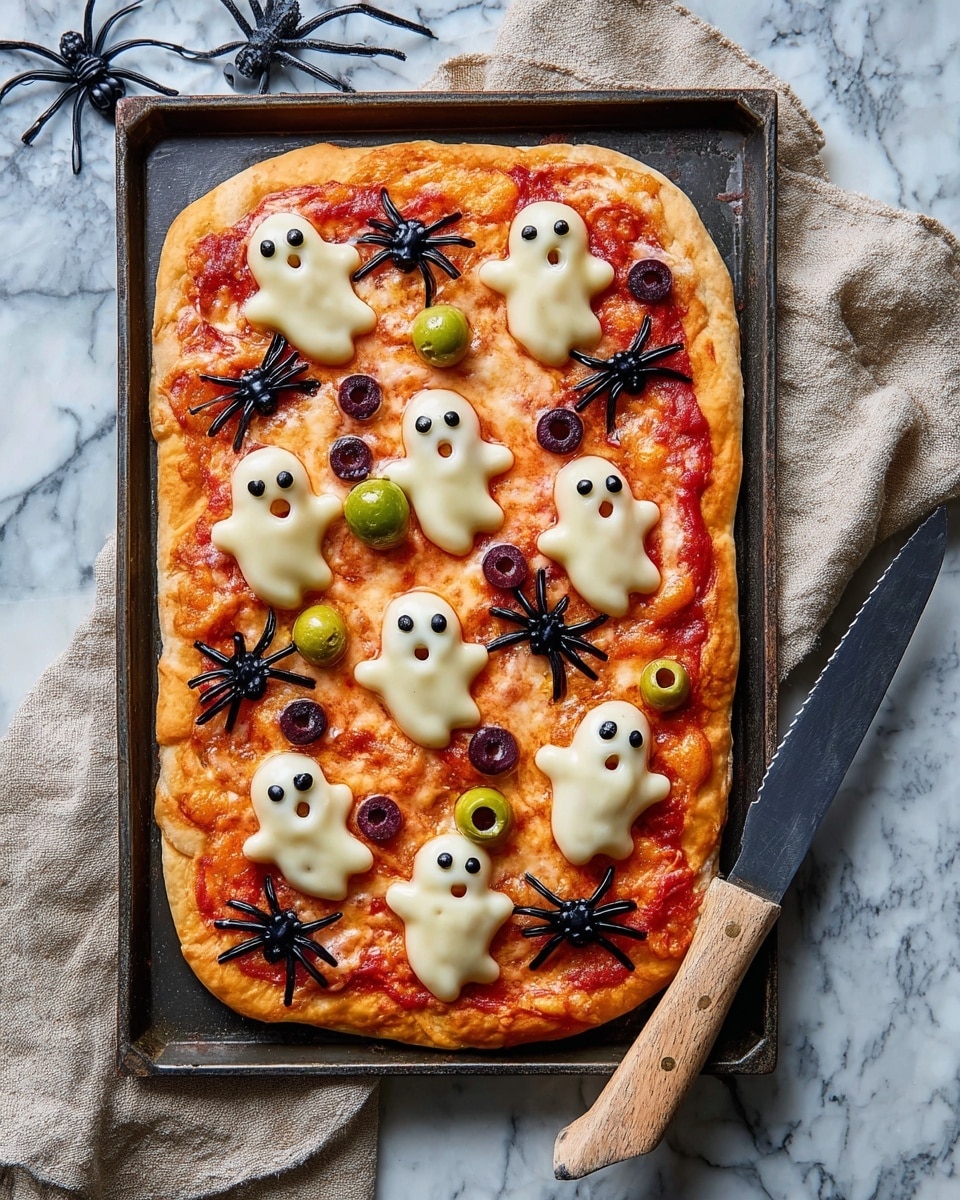 This is a rectangular pizza with a golden-brown crust on a dark baking tray. The pizza has a bright red tomato sauce base spread evenly with melted light beige cheese shaped like small ghosts placed over it. Each ghost has small black olive pieces forming eyes and mouths. Scattered across the pizza are olive spiders made from whole olives in black and green colors with small olive slices forming their legs, sitting on top of the cheese and sauce. The background is a blue wooden surface with a light beige cloth and a knife with a light wooden handle beside the tray. Photo taken with an iphone --ar 4:5 --v 7
