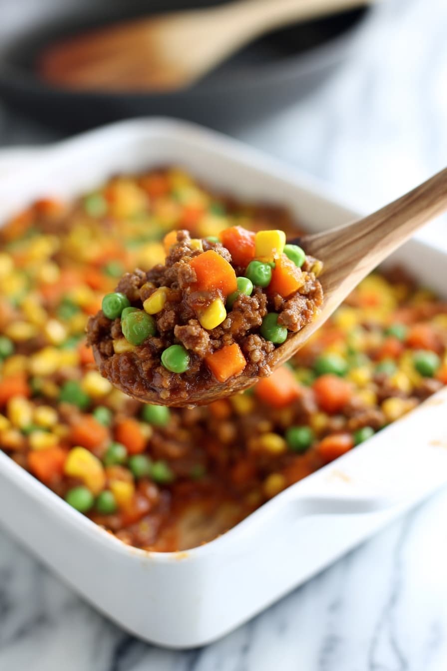 A wooden spoon holds a scoop of a cooked dish showing three main layers: a top layer of bright green peas and orange carrot cubes mixed with yellow corn kernels, a middle layer of cooked ground beef with a slightly browned and soft texture, and a bottom layer of a thick brownish sauce with bits of diced tomatoes. The dish is inside a white rectangular ceramic baking dish set on a white marbled surface. In the background, a black pan with a wooden spoon rests blurred out. Photo taken with an iphone --ar 2:3 --v 7 - Creepy Shepherd’s Pie, Ghost Potatoes, Halloween Shepherd’s Pie, Spooky Dinner Ideas, Ghost-Shaped Mashed Potatoes
