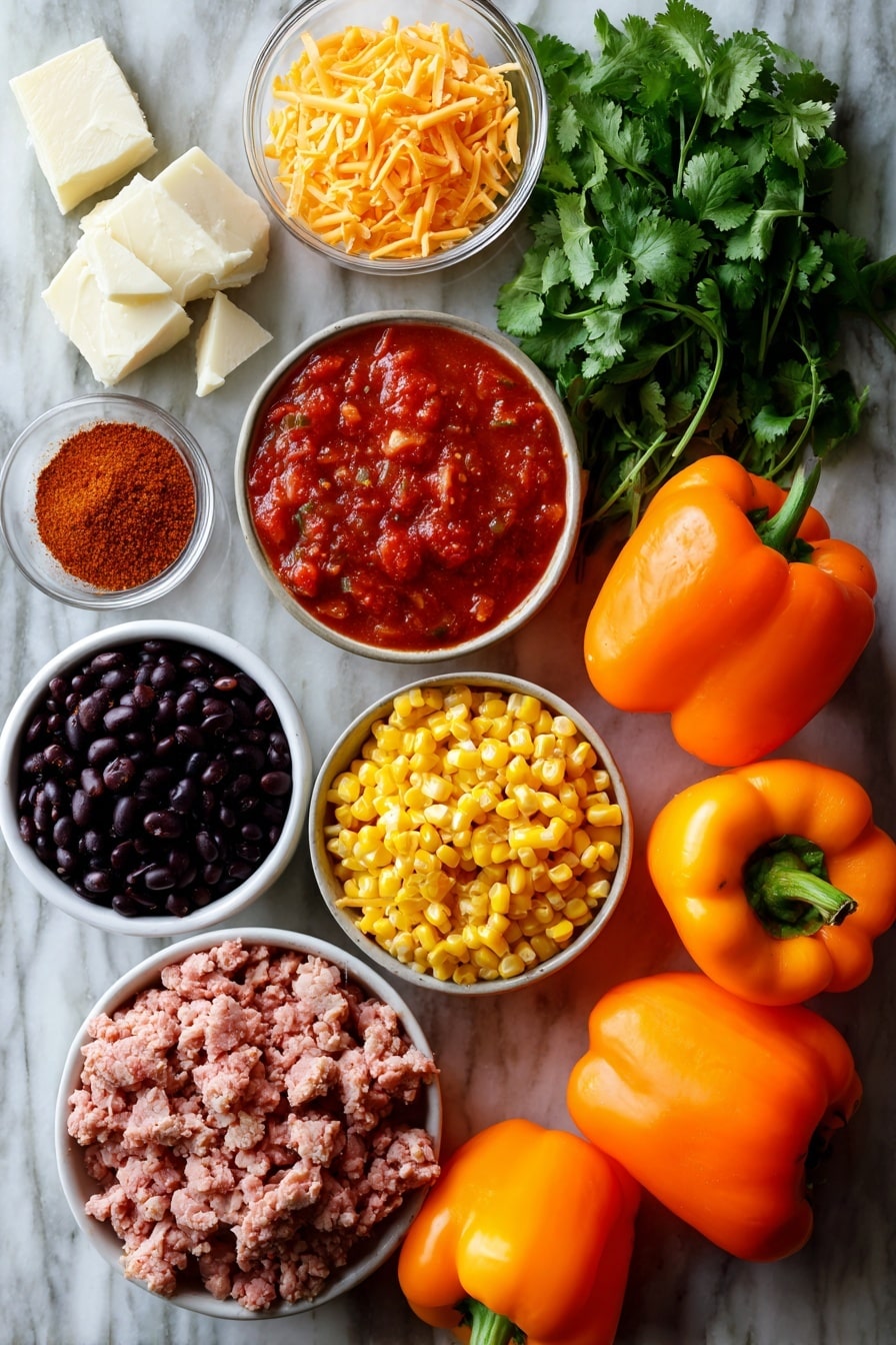 Flat lay of vibrant orange bell peppers with shiny, smooth skins and firm, hollowed interiors, mounds of fresh, bright yellow corn kernels, glossy black beans with a deep, rich color, raw ground turkey with a pale pink, slightly crumbly texture, sprigs of fresh green cilantro leaves scattered delicately, wedges of creamy white and orange cheddar and pepper jack cheese showing marbled patterns, small piles of warm reddish-brown taco seasoning powder, and a bowl of chunky red salsa with visible tomato, onion, and pepper bits, all beautifully arranged with natural spacing and slight overlap to create depth and interest, placed on white marbled surface, photo taken with an iphone --ar 2:3 --v 7 - Jack-o-lantern Stuffed Bell Peppers, Halloween stuffed peppers, festive fall dinner ideas, spooky stuffed peppers, easy Halloween party recipes
