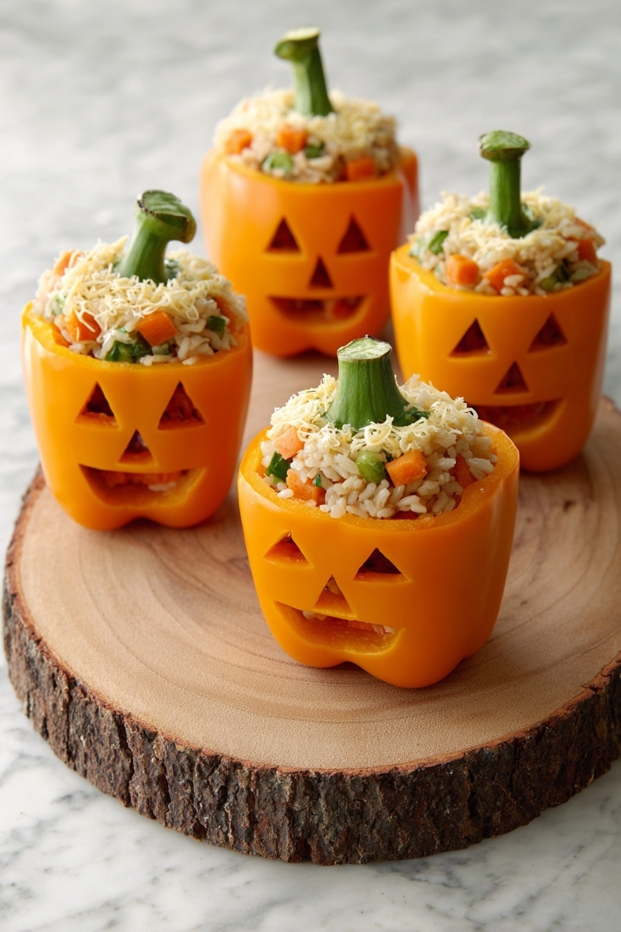 A woman's hand with dark blue nail polish is holding a bright orange bell pepper that has a carved Jack-o'-lantern face. The pepper is filled with a mixture of cooked ground meat, corn, and shredded cheese. Around it, four more orange bell peppers are filled with the same meat and cheese mix, two with pepper tops on and two without. All the peppers sit on a round wooden board placed on a white marbled surface. The colors are vibrant with the orange peppers, yellow corn, and white-yellow cheese visible. Photo taken with an iphone --ar 2:3 --v 7 - Jack-o-lantern Stuffed Bell Peppers, Halloween stuffed peppers, festive fall dinner ideas, spooky stuffed peppers, easy Halloween party recipes