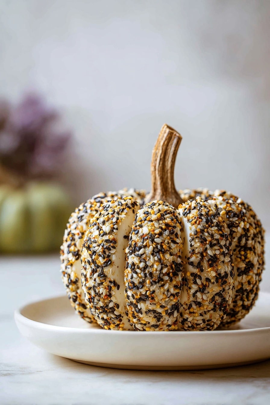 The image shows a cheese ball shaped like a small pumpkin on a white plate. The cheese ball is covered with a mix of black, white, and orange seeds, giving it a speckled texture. A brown dried pumpkin stem is placed in the center, making it look like a real pumpkin. In the foreground, there is a white bowl filled with round, light-brown crackers. The background has an orange pumpkin and a light green container with some crackers or bread inside, all placed on a white marbled surface. Photo taken with an iphone --ar 2:3 --v 7 - Everything Bagel Cheeseball, cheesy appetizer, savory snack, party dip, easy cheeseball recipe