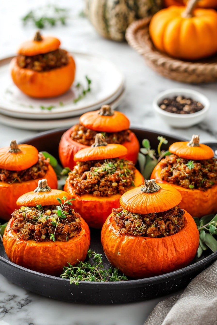 The dish shows a small orange pumpkin split into two parts, with the bottom part filled with a crumbly, brown stuffing that has a slightly rough texture. The pumpkin lid is placed on top but slightly off to the side, sprinkled with coarse salt and cracked pepper, showing its rough, ridged surface and stem in the middle. The pumpkin sits on a white plate, with some fresh green herbs, including sage and thyme, positioned behind it. A gold fork is inserted into the stuffing, resting at the bottom of the plate on a white marbled surface. A portion of a striped cloth napkin and a second plate with another stuffed pumpkin are also partially visible nearby. photo taken with an iphone --ar 2:3 --v 7 - Stuffed Mini Pumpkins with Savory Ground Beef, Mini Pumpkin Stuffed with Meat and Pumpkin, Autumn Pumpkin Appetizer Ideas, Savory Pumpkin Stuffed Shells, Fall Holiday Pumpkin Dishes