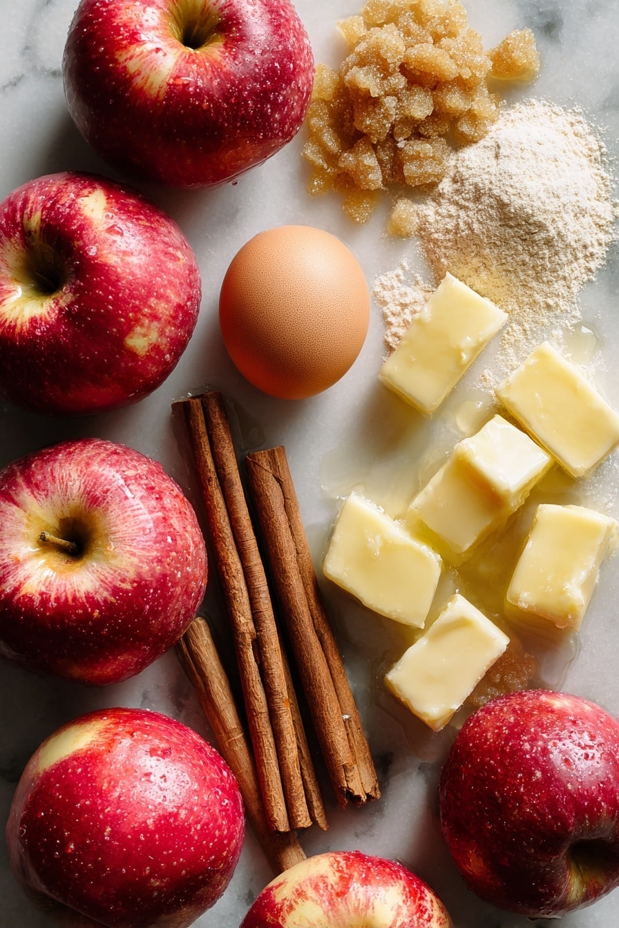 Flat lay of vibrant fresh Pink Lady apples with shiny red and yellow skins, golden brown sugar crystals in a small mound, smooth sticks of cinnamon with a rich dark brown color, cold unsalted butter cubes in pale creamy yellow, a small pile of finely ground almond flour with a soft, powdery texture, translucent water droplets glistening as if just poured, and a fresh whole egg with a glossy white shell, all beautifully arranged with natural spacing and varied angles, placed on white marbled surface, photo taken with an iphone --ar 2:3 --v 7 - Apple Pie à la Mode, apple pie with ice cream, homemade apple pie, fall dessert recipes, classic apple pie with ice cream