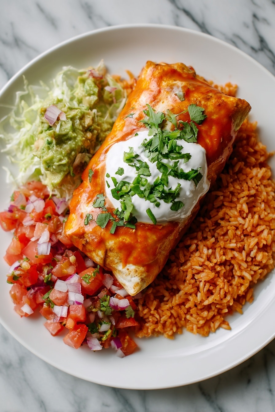 Two golden-brown rolled tortillas filled with cooked chicken and sauce sit side by side on a white plate with speckled edges. On top of the tortillas is a dollop of white sour cream and chunky red salsa with small bits of tomato, onion, and herbs, scattered with chopped green cilantro leaves. Beside the tortillas is a serving of orange-yellow seasoned rice sprinkled lightly with green herbs. A few fresh cilantro leaves are placed near the edge of the plate. The plate is set on a white marbled surface. photo taken with an iphone --ar 2:3 --v 7 - Chicken Chimichangas, Best Chicken Chimichangas, Crispy Chicken Chimichangas, Mexican Chicken Chimichangas, Easy Chicken Chimichangas