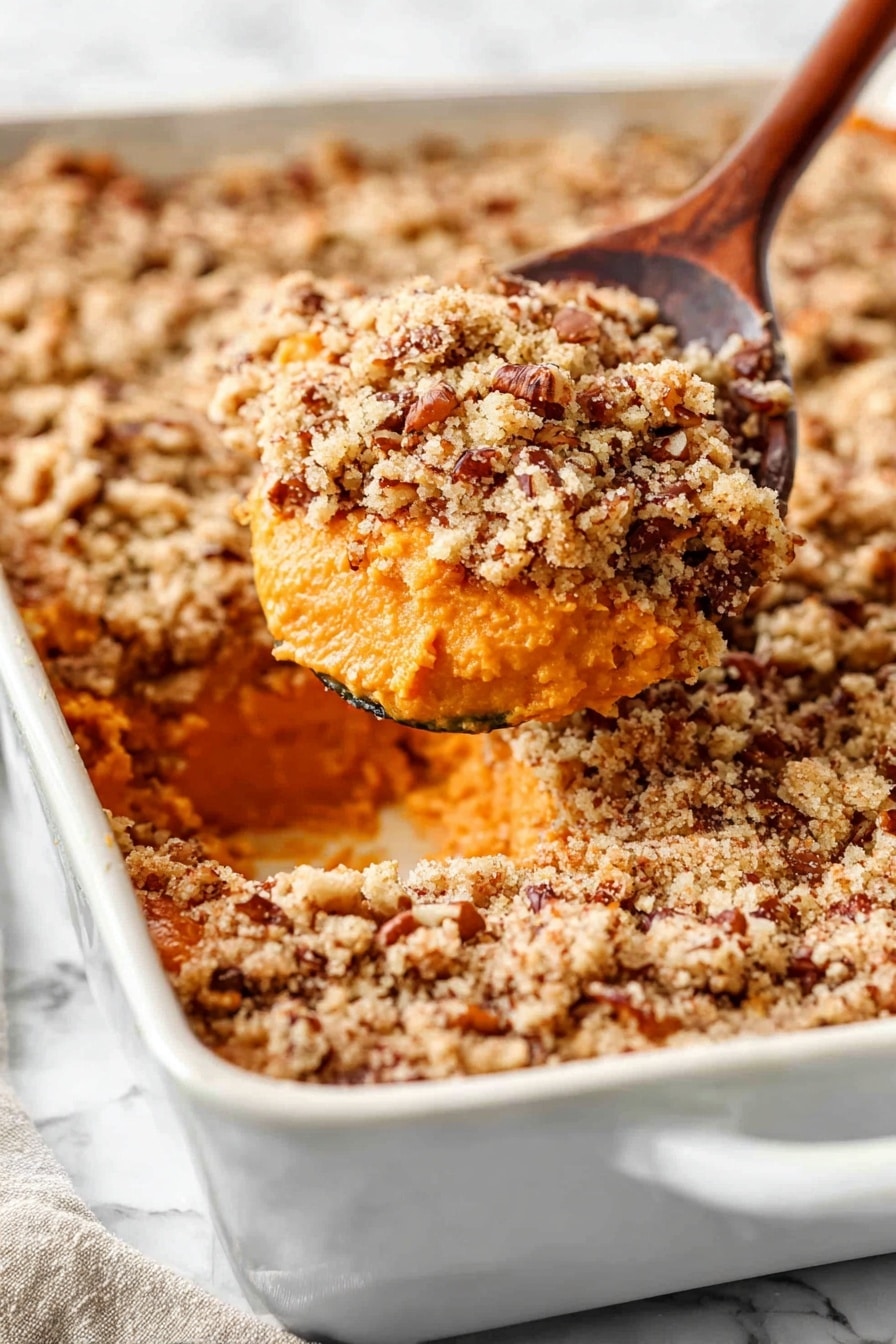 The image shows a white rectangular baking dish filled with a thick layer of golden brown crumble topping, textured with small crunchy bits and chopped pecans mixed in. The crumble has a coarse, crumbly surface with a warm toasted color. The baking dish sits on a white marbled surface scattered with more pecan pieces. To the right, there is a wooden spoon with a smooth finish, and a grey and white patterned cloth is placed partially under the left side of the dish. Photo taken with an iphone --ar 2:3 --v 7 - Sweet Potato Casserole with Pecan Topping, holiday sweet potato casserole, easy sweet potato side dish, festive casserole recipes, comforting holiday side