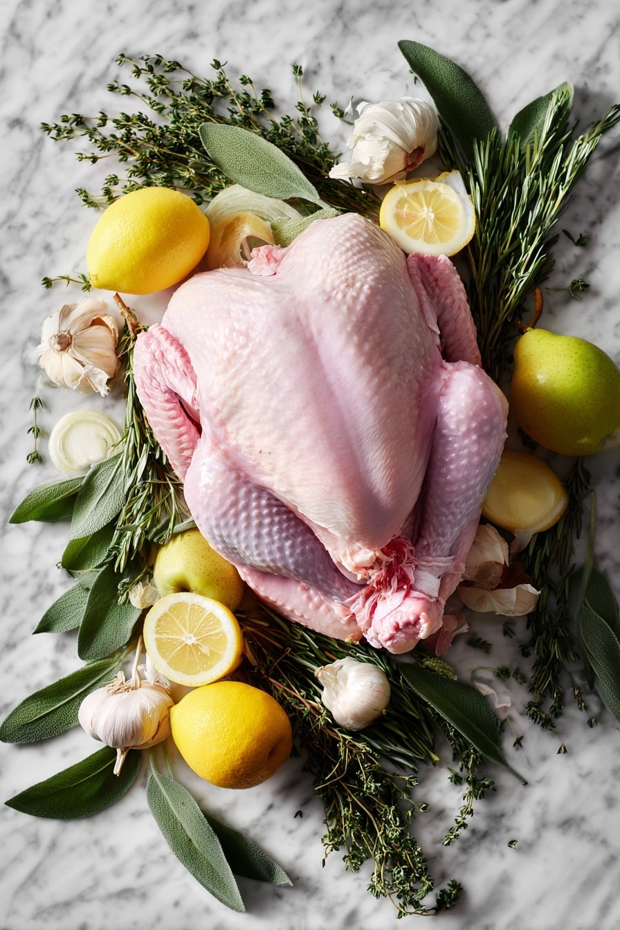 Flat lay of a large raw whole turkey with pale pink skin, surrounded by fresh quartered yellow lemon slices, crisp white onion wedges, and bright red apple quarters. Sprigs of vibrant green rosemary, thyme, and sage are artfully scattered around, showcasing their delicate needle-like and leafy textures. Clusters of plump, peeled garlic cloves with smooth ivory skins add interest, all placed on a white marbled surface, photo taken with an iphone --ar 2:3 --v 7 - Easy No Fuss Thanksgiving Turkey, beginner-friendly holiday turkey, juicy turkey recipe, simple Thanksgiving turkey, foolproof turkey cooking method