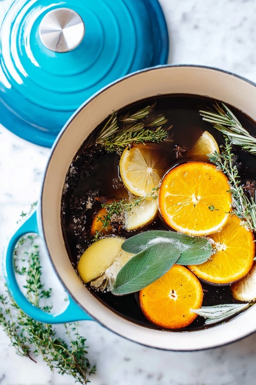 The image shows a white pot with a blue lid next to it, sitting on a white marbled surface. Inside the pot, there are two large pieces of pale chicken partially submerged in clear broth filled with herbs and vegetables. The broth layer is transparent brown with small dark herb bits floating on top. On the surface, there are bright green fresh herb leaves along with small yellow lemon pieces and orange carrot chunks scattered around the chicken. The overall look is fresh and light, with the mix of green, yellow, white, and orange colors floating in the broth. Photo taken with an iphone --ar 2:3 --v 7 - Easy Turkey Brine with Citrus, Herbs, and Garlic Herb Butter, turkey brine, citrus turkey, herb butter turkey, flavorful turkey marinade, juicy holiday turkey