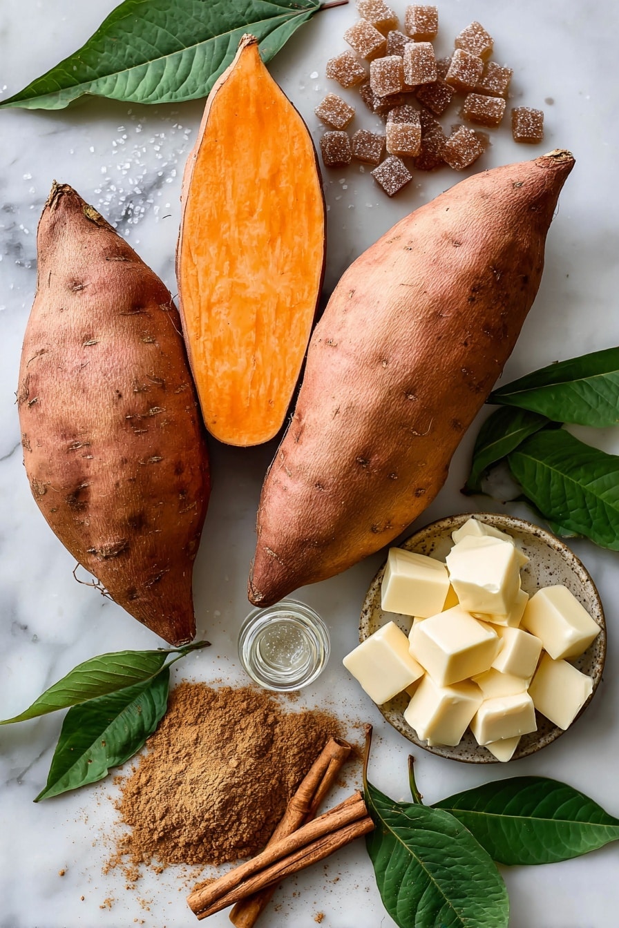 Flat lay of three large sweet potatoes with vibrant orange flesh, a small pile of rich dark brown sugar crystals glistening, golden cubes of salted butter with smooth, creamy texture, a small heap of warm cinnamon powder in reddish-brown tones, a delicate sprinkle of light brown nutmeg powder, and a tiny glass vial of clear vanilla extract, all naturally arranged with scattered cinnamon sticks and a few sweet potato leaves for a touch of green, placed on white marbled surface, photo taken with an iphone --ar 2:3 --v 7 - Candied Yams, Candied Yams Recipe, Sweet Side Dishes, Holiday Side Dish, Baked Yams with Glaze