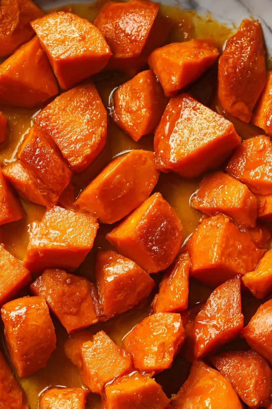 The image shows a close-up of a baking dish filled with chunks of cooked orange sweet potatoes. The sweet potato pieces have a shiny, slightly glazed surface that suggests they have been cooked with some kind of sauce or seasoning, giving them a rich orange color. The chunks are unevenly shaped but generally medium-sized. On the right side, a metal spoon holding several sweet potato pieces is partially submerged in the sauce at the bottom of the white marbled background. The overall look is warm, soft, and moist with a textured appearance on the sweet potatoes. Photo taken with an iphone --ar 2:3 --v 7 - Candied Yams, Candied Yams Recipe, Sweet Side Dishes, Holiday Side Dish, Baked Yams with Glaze