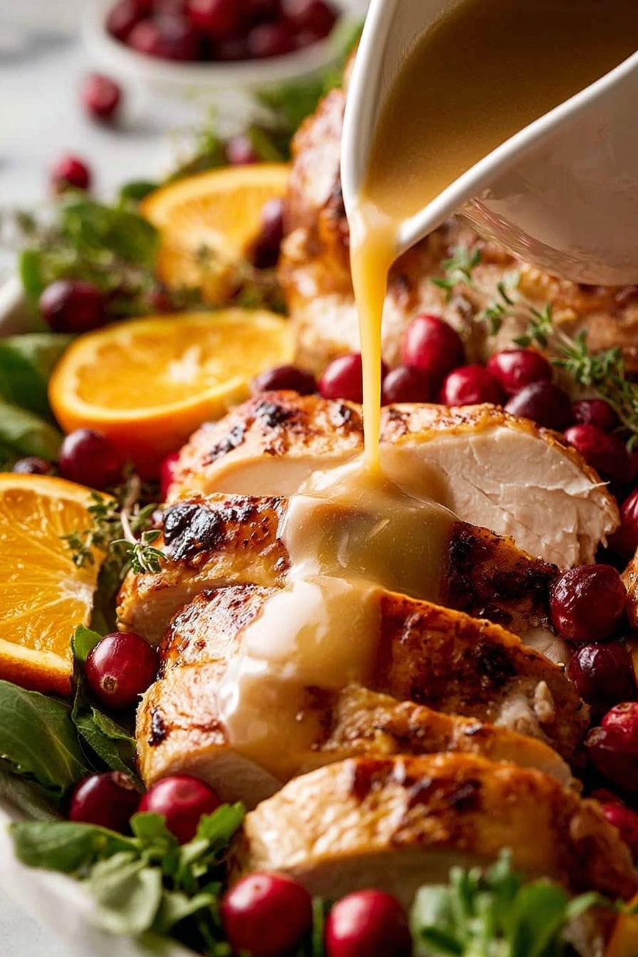 A close-up view of several layers of sliced roasted turkey arranged on a bed of green leafy herbs and bright red cranberries. Light brown gravy is being poured from a white jug onto the center of the thick turkey slices, creating a glossy sauce layer. Orange slices are placed on the side, adding a pop of vibrant color. The whole scene rests on a white marbled surface. photo taken with an iphone --ar 2:3 --v 7 - Juicy Roast Turkey with Herb Butter and Garlic Gravy, Roast Turkey Recipe, Herb Butter Turkey, Garlic Gravy for Turkey, Perfect Roast Turkey