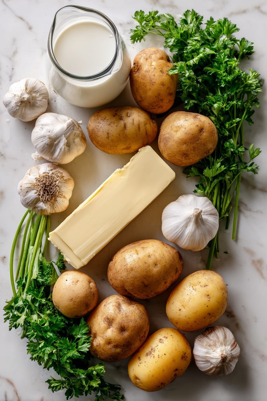 Flat lay of peeled russet and Yukon gold potatoes in varying warm beige and golden hues, whole garlic cloves with their smooth white skins, a rich slab of creamy golden salted butter, and a small glass jug of fresh white milk, all beautifully arranged with sprigs of bright green parsley adding a pop of color, placed on white marbled surface, photo taken with an iphone --ar 2:3 --v 7 - The Best Mashed Potatoes, creamy mashed potatoes, buttery mashed potatoes, easy mashed potato recipe, homemade mashed potatoes