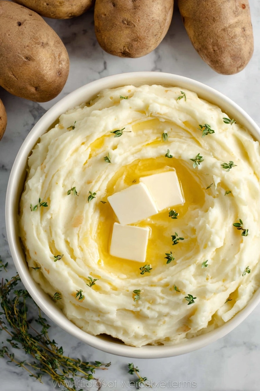 A white bowl filled with creamy mashed potatoes swirled in soft peaks, with two small square pieces of butter melting on top, creating a glossy yellow pool in the center. Scattered small green thyme leaves add a fresh color contrast. The bowl is placed on a white marbled surface, and several whole brown potatoes are in the background. photo taken with an iphone --ar 2:3 --v 7 - The Best Mashed Potatoes, creamy mashed potatoes, buttery mashed potatoes, easy mashed potato recipe, homemade mashed potatoes
