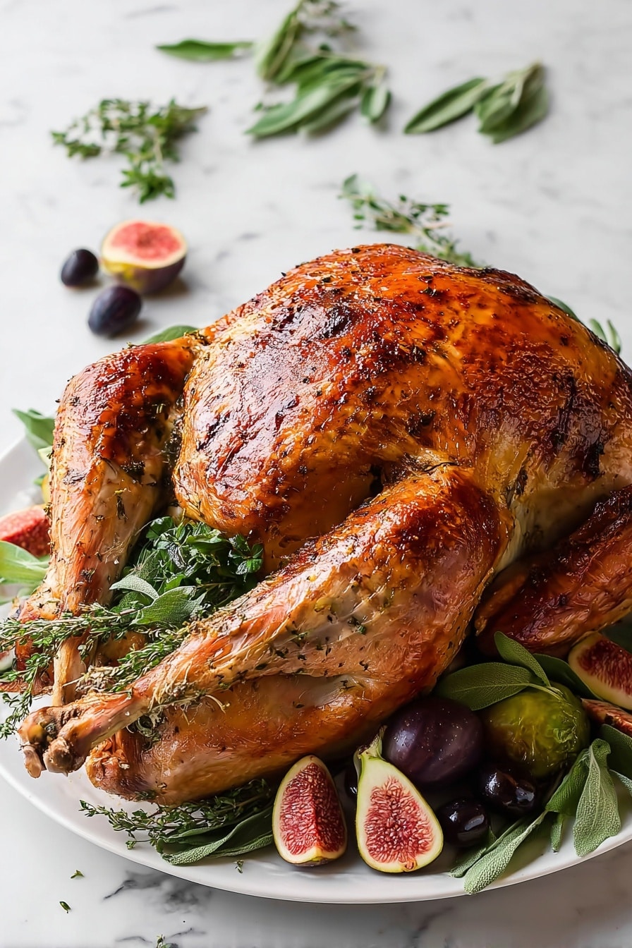 A whole roasted turkey with a shiny, golden brown skin speckled with black pepper sits centered on a white plate, resting on a bed of green herbs including rosemary and thyme. The turkey has a crispy textured surface and shows well-cooked legs and wings slightly spread out. Around the plate, there are dark purple olives and halved fresh figs with a pink-red interior. Sprigs of fresh herbs and additional fig halves are scattered on the white marbled surface beneath and around the plate. photo taken with an iphone --ar 2:3 --v 7 - Garlic Butter Roasted Turkey, roasted turkey recipe, holiday turkey, juicy roasted turkey, garlic herb turkey