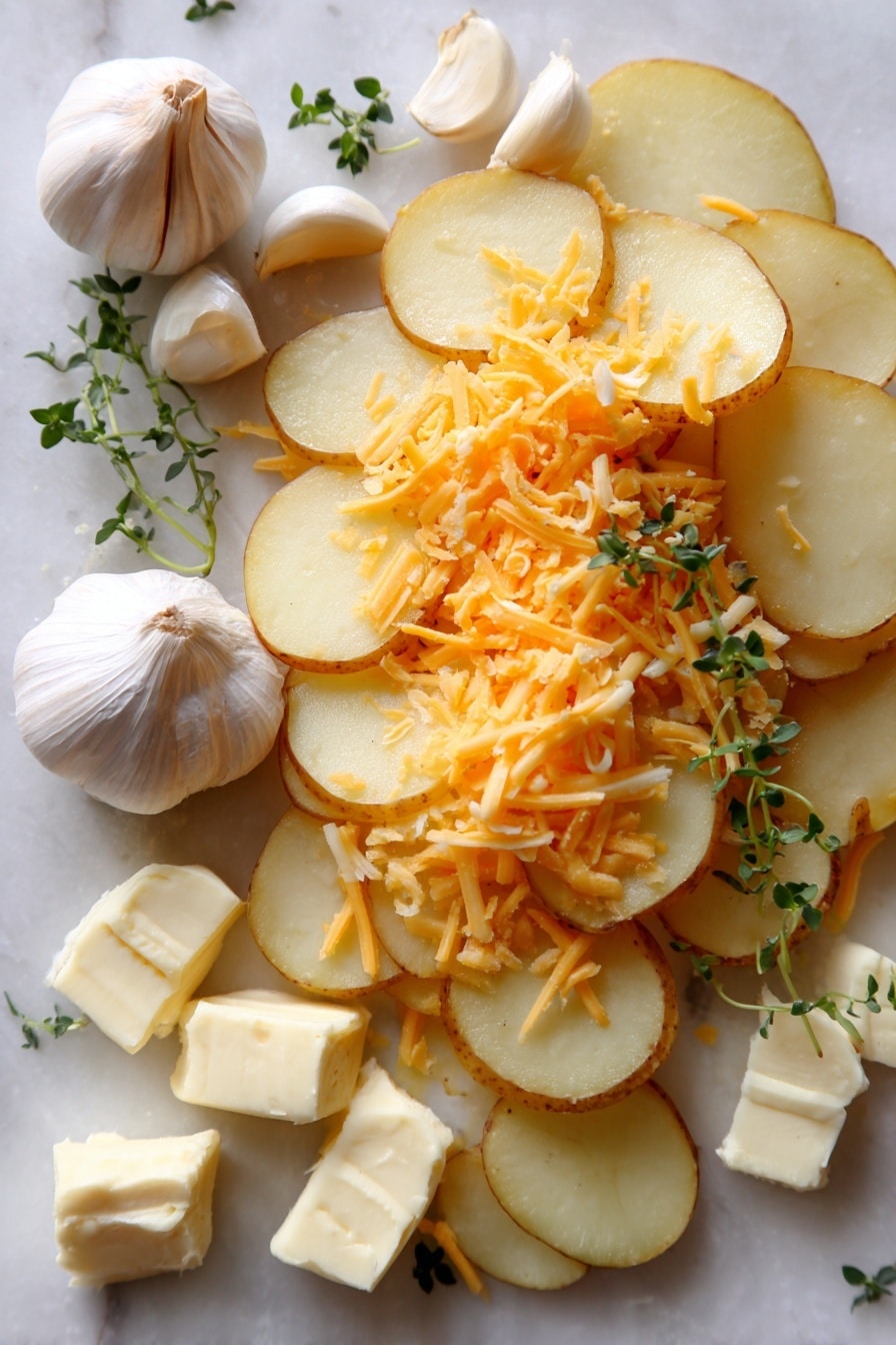 Flat lay of thinly sliced golden Yukon Gold potatoes with smooth, slightly curved edges, generous mounds of freshly grated sharp orange cheddar cheese mixed with pale, finely shredded parmesan, several creamy white garlic cloves with papery skins partially peeled, small chunks of rich pale yellow butter with a soft texture, and a few sprigs of fresh green herbs for contrast, all naturally arranged with a gentle overlap and casual spacing, placed on white marbled surface, photo taken with an iphone --ar 2:3 --v 7 - Easy Cheesy Scalloped Potatoes, cheesy scalloped potatoes, creamy potato side dish, how to make scalloped potatoes, cheesy potato casserole