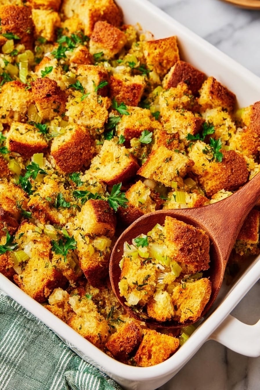The image shows a white rectangular baking dish filled with golden-brown toasted croutons mixed with green celery pieces and scattered fresh parsley leaves on top. The texture of the croutons is crispy with some darker roasted spots, giving a crunchy look. A light green and white striped cloth is partially under the dish, and a wooden spoon rests on the right side of the dish. The background is a white marbled surface. photo taken with an iphone --ar 2:3 --v 7 - Cornbread Stuffing, easy cornbread stuffing, holiday stuffing recipes, savory cornbread dressing, flavorful stuffing side dish