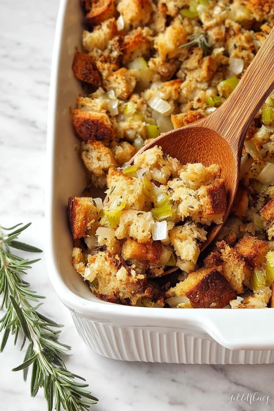 The image shows a white oval dish filled with a mixed dish of toasted bread cubes and small pieces of celery, all in light brown and green colors. The bread cubes are crispy and uneven, with a few bits of green celery mixed throughout, creating a rough texture on top. Beside the dish, there is a wooden spoon holding a small amount of the same mixture, with a sprig of fresh rosemary resting next to it. The whole scene is set on a white marbled surface with a subtle tile design visible underneath. Photo taken with an iphone --ar 2:3 --v 7 - Gluten-Free Stuffing, gluten-free stuffing recipe, holiday stuffing without gluten, flavorful gluten-free side dish, easy gluten-free stuffing