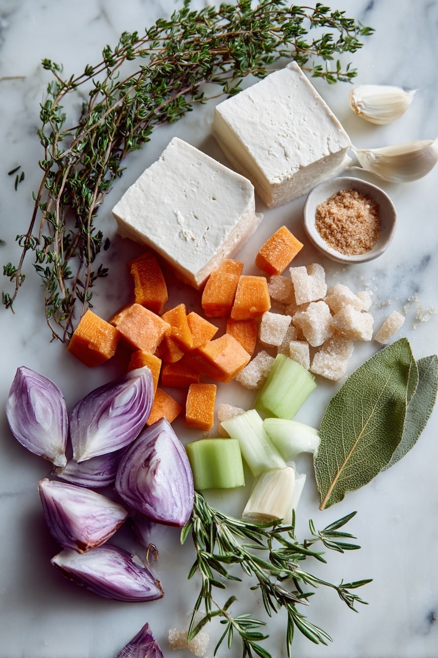 Flat lay of silken tofu with its smooth, creamy white texture, bright orange peeled carrot chunks, fresh green sprigs of thyme and rosemary, quartered purple-red onion pieces, pale green celery stalks cut into segments, a halved head of garlic showing its soft white cloves, vibrant bay leaves in rich forest green, and light brown sugar crystals scattered gently around, all arranged naturally with delicate layering and contrasting shapes, placed on white marbled surface, photo taken with an iphone --ar 2:3 --v 7 - Vegan Seitan Turkey Roast with Stuffing and Roasting Broth, vegan plant-based turkey roast, holiday vegan main dish, vegan Thanksgiving centerpiece, plant-based holiday roast