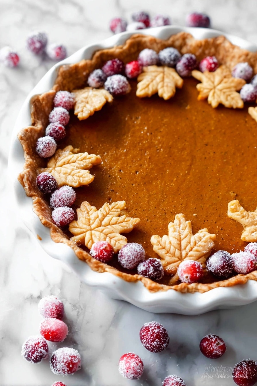 A slice of pumpkin pie is on a white plate with a white marbled texture background. The pie has two main layers: a light golden crust at the bottom and a thick, smooth, deep orange pumpkin filling on top. The crust edge is decorated with two small, detailed leaf-shaped pieces of pie crust that are golden brown. On top of the pumpkin filling, near the crust, there are three sugared bright red cranberries. In the center of the slice, there is a swirl of white whipped cream. Next to the pie slice is a silver fork holding a small piece of the crust and filling. In the background, there is a white square bowl filled with sugared cranberries. Photo taken with an iphone --ar 2:3 --v 7 - Great Pumpkin Pie, pumpkin pie recipe, fall dessert ideas, Thanksgiving pumpkin pie, homemade pumpkin pie