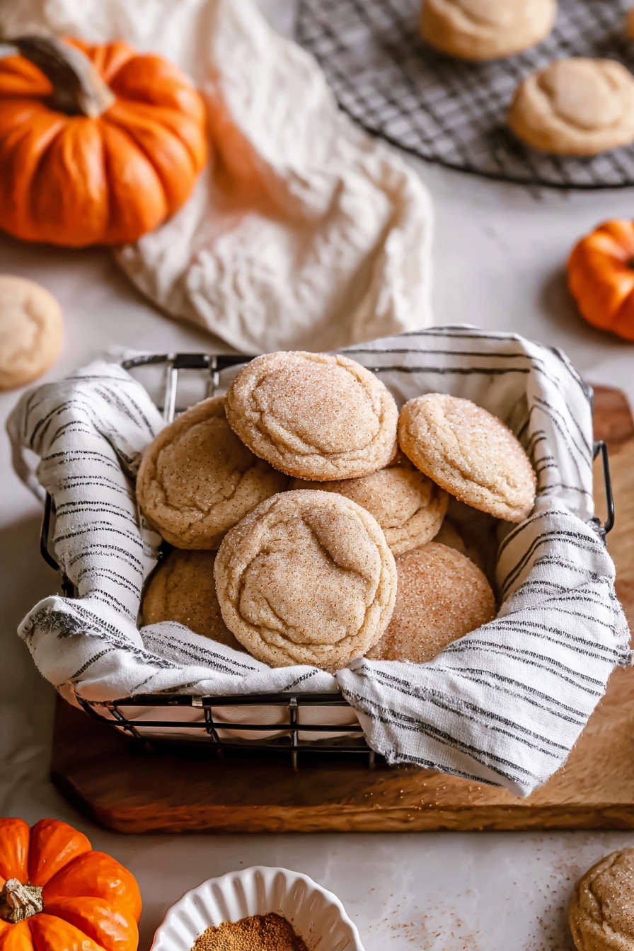 A black metal rectangular tray lined with a white kitchen towel with black stripes holds two stacks of round, light brown cookies dusted with sugar. The cookies have a crinkled, soft texture with slightly darker edges. The background shows a white marbled texture with blurred orange pumpkins, adding an autumn feel to the scene. Photo taken with an iphone --ar 2:3 --v 7 - Pumpkin Spice Cookies, fall cookie recipes, holiday baking, soft chewy cookies, pumpkin spice treats