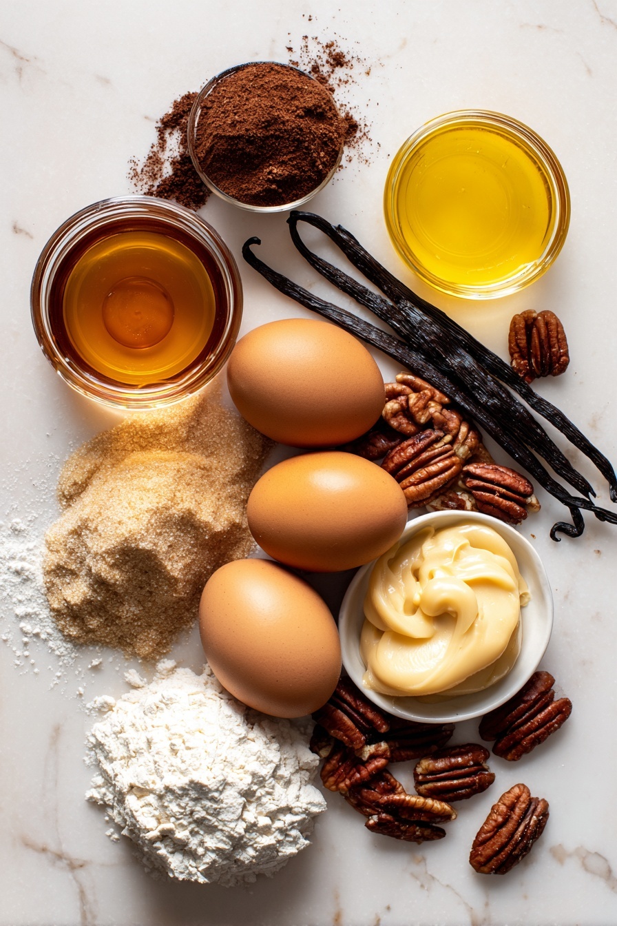 Flat lay of glossy amber maple syrup in a small glass jar, rich dark-brown sugar piled in a neat mound, smooth golden extra-virgin olive oil shimmering in soft light, a cluster of large fresh brown eggs with one cracked open showing its vibrant yolk, toasted pecans with deep brown ridged shells and chopped pieces scattered artfully, a stick of vanilla bean split open revealing tiny black seeds, pale off-white all-purpose flour in a soft heap, and a dollop of creamy caramel sauce with warm golden hues, all arranged naturally with some pecans spilling gently around, placed on white marbled surface, photo taken with an iphone --ar 2:3 --v 7 - Maple Pecan Blondies with Caramel Glaze, Maple Blondies, Pecan Blondie Recipes, Caramel Blondies, Easy Pecan Blondie Dessert