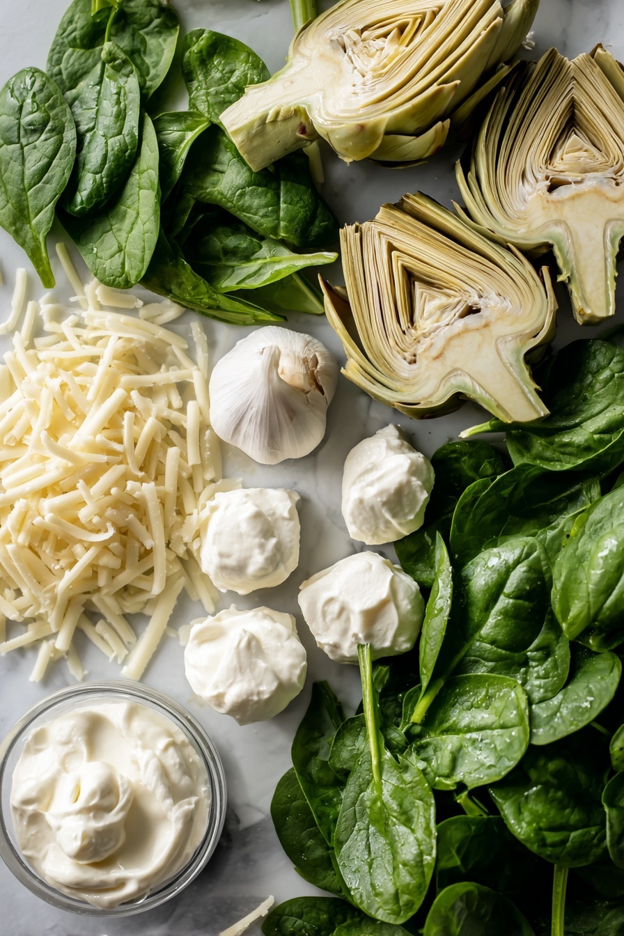 Flat lay of fresh deep green spinach leaves with their natural veiny texture, tender quartered pale green artichoke hearts with slight sheen, smooth and creamy white cream cheese softened to a spreadable consistency, small dollops of thick white sour cream and glossy mayonnaise, finely shredded pale yellow parmesan cheese with jagged edges, soft white shredded mozzarella cheese strips, and a single peeled garlic clove showing its smooth off-white surface, all beautifully arranged in a natural, slightly scattered way, placed on white marbled surface, photo taken with an iphone --ar 2:3 --v 7 - Spinach Artichoke Dip, easy spinach artichoke dip, creamy appetizer recipes, cheesy spinach dip, party dips