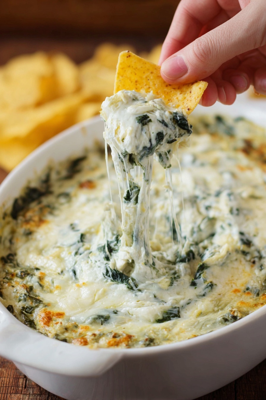 A white dish filled with creamy spinach and artichoke dip that has a thick, smooth texture with visible green spinach leaves mixed evenly throughout. The dip has a melted cheese layer creating stretchy, gooey strings lifted by a woman's hand holding a triangular yellow corn chip dipped into the mixture. In the background, the white dish rests on a wooden surface with a softly blurred effect, highlighting the cheesy, rich texture of the dip photo taken with an iphone --ar 2:3 --v 7 - Spinach Artichoke Dip, easy spinach artichoke dip, creamy appetizer recipes, cheesy spinach dip, party dips