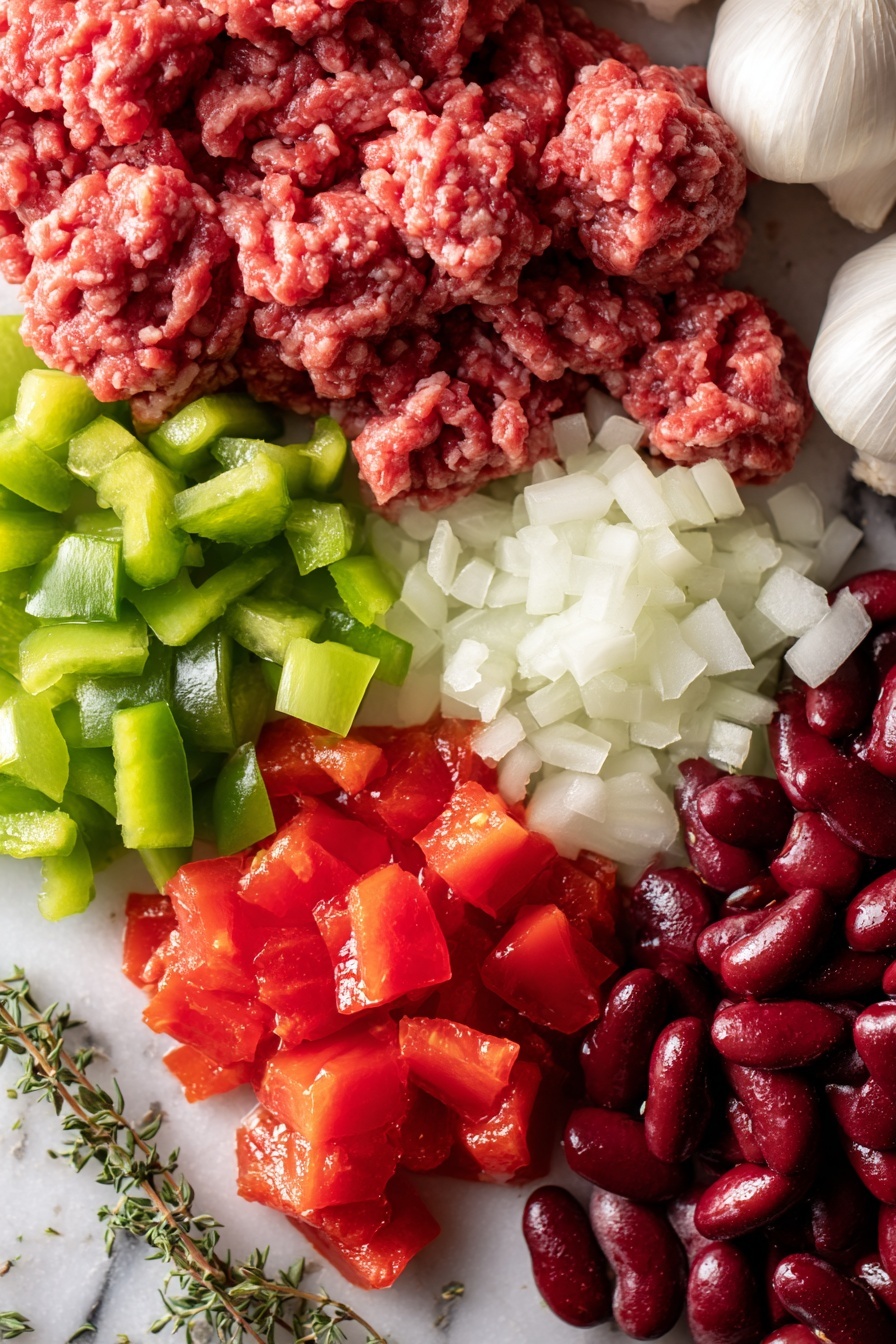 Flat lay of fresh ground beef in rich red tones with a slightly coarse texture, bright white diced onions with translucent layers, plump whole garlic cloves showing smooth off-white skins, vibrant green bell pepper chunks with shiny skin and crisp texture, glossy red diced tomatoes with juicy, seedy interiors, deep red kidney beans with a smooth, firm surface, a small amount of thick, bright red tomato paste, and a few sprigs of dried oregano with tiny green leaves scattered lightly, all beautifully arranged to create a colorful and inviting composition, placed on white marbled surface, photo taken with an iphone --ar 2:3 --v 7 - The Best One Pot Chili, easy chili recipe, quick weeknight dinner, hearty chili, one pot meals