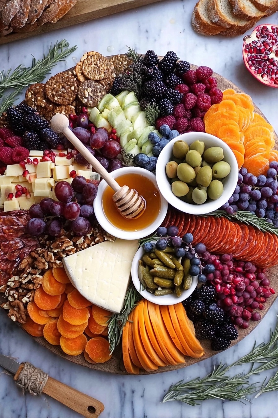 A large round board filled with many colorful layers, starting with a base layer of purple-black blackberries and blueberries on one side and orange mini pumpkins and bright orange slices on the other side. On top of this base, there are several small piles of different items: white bowl with honey and a wooden honey dipper in the center, a white bowl filled with green olives to the right, and another white bowl with small pickles toward the lower center. Around the bowls are layers of orange sliced cheese, red folded cured meat, dark red sliced sausages, and light yellow cheese chunks. There are also clusters of dark purple grapes, red raspberries, pomegranate seeds, and mixed nuts like walnuts and pistachios scattered around. Garnishes of green rosemary sprigs add contrast. The whole arrangement sits on a white marbled surface, with parts of bread and white cheese near the edges. Photo taken with an iphone --ar 2:3 --v 7 - Fall Cheese Board, autumn cheese platter, fall appetizer ideas, seasonal cheese board, cozy fall party food