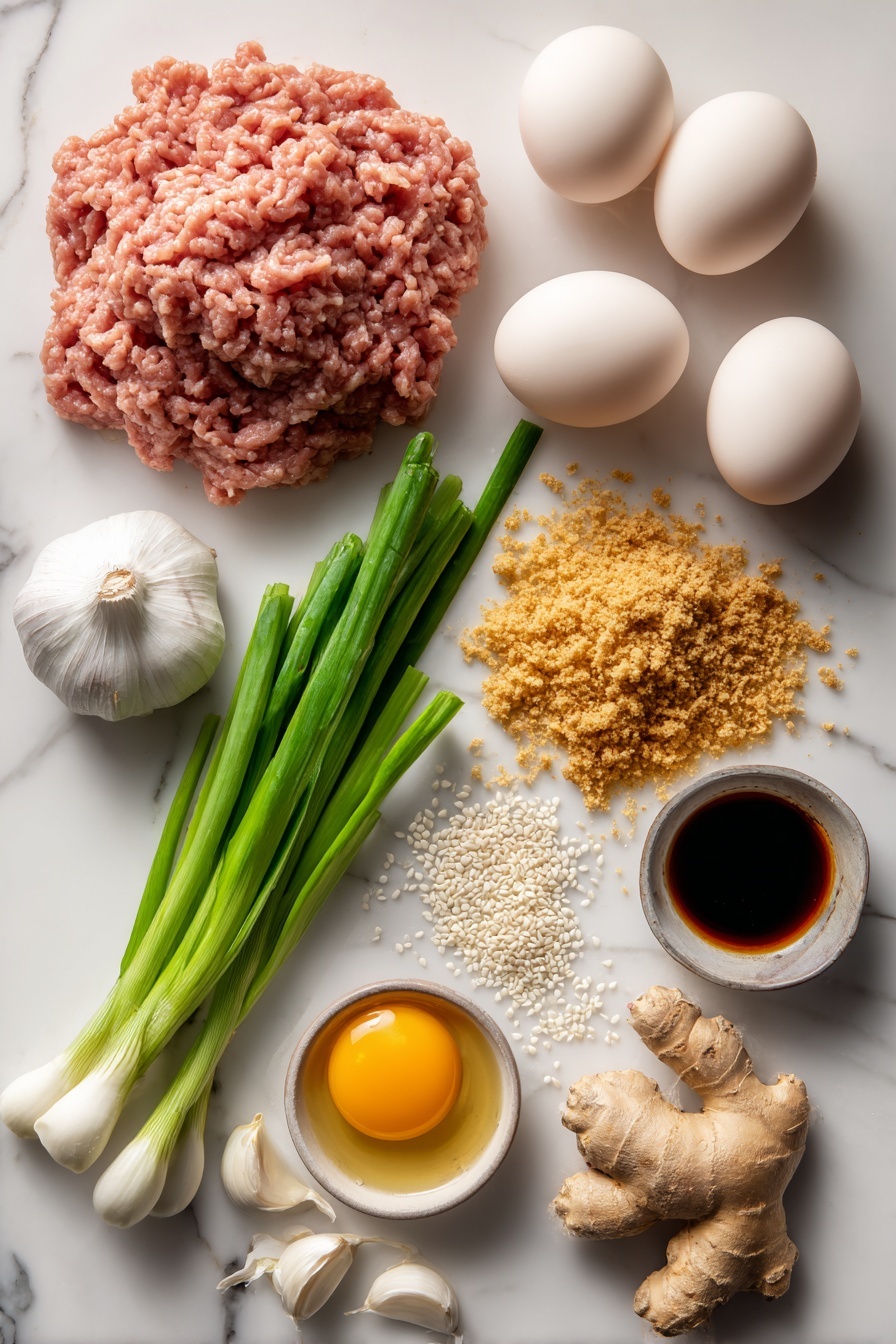 Flat lay of fresh ground turkey breast in a neat mound, whole eggs with smooth cream-colored shells, unseasoned golden panko breadcrumbs scattered loosely, plump garlic bulbs and individual peeled cloves showing their white papery texture, vibrant green scallions with leafy tops and white bulbs, fresh ginger root with its knobby light brown skin, glossy dark brown hoisin sauce in a small spill, rich amber rice wine vinegar in a clear small puddle, and tiny white sesame seeds sprinkled naturally nearby, all arranged with balance and harmony, placed on white marbled surface, photo taken with an iphone --ar 2:3 --v 7 - Asian Glazed Turkey Meatballs, turkey meatballs with Asian glaze, healthy turkey meatball recipe, quick Asian meatball dinner, flavorful turkey meatballs
